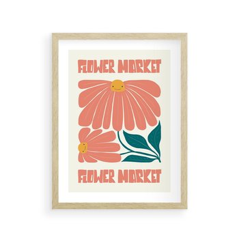 Plakat w ramie 40x50 - Retro Radość - typografia, wesołe kwiaty - rama drewno