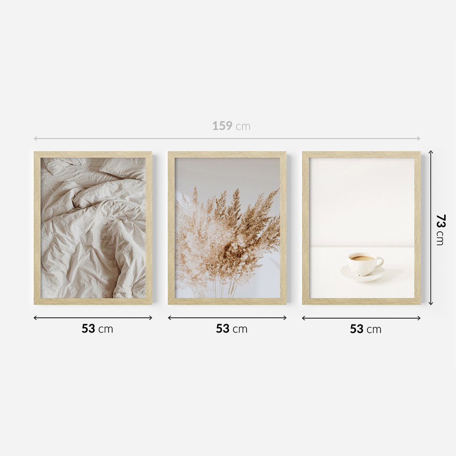 Zestaw obrazy w ramie 50x70 galeria - Kawa, pościel, boho, prostota - rama drewno