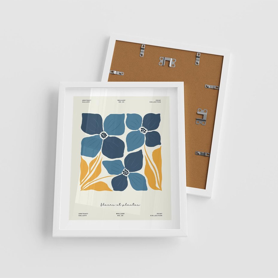 Plakat w ramie 40x50 - Błękitne Nowości - niebieskie kwiaty, nowoczesna sztuka - rama biała