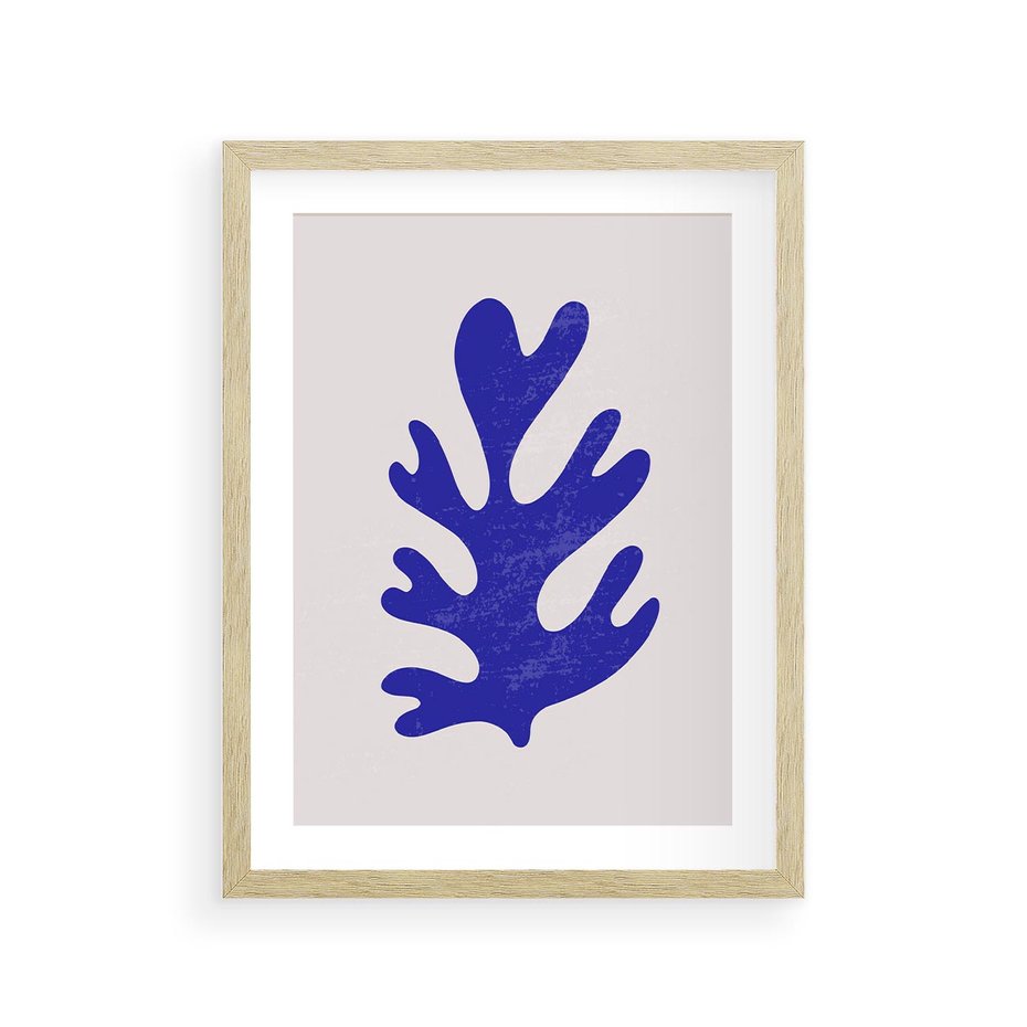 Plakat w ramie 30x40 - Przenikająca Struktura - boho plakat, niebieski liść w intensywnym kolorze - rama drewno