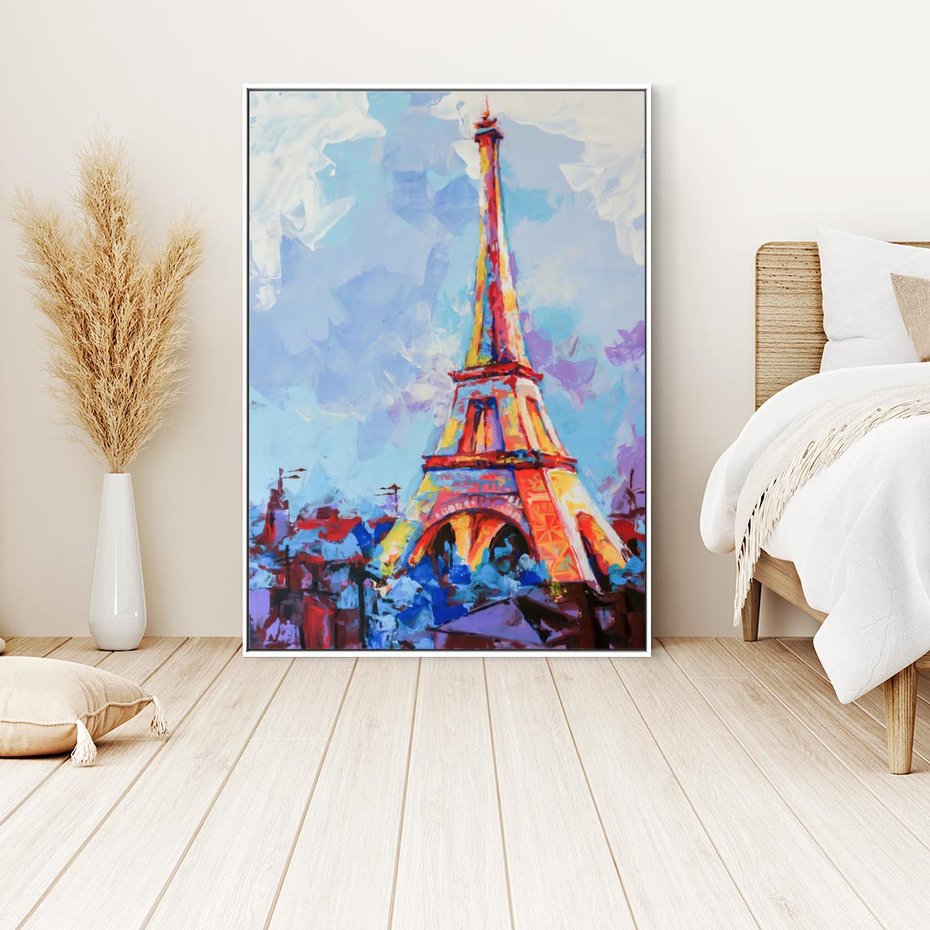 Obraz w ramie 70x100 - Paryska Wieża - olejny abstrakcyjny obraz, wieża eiffla - rama biała