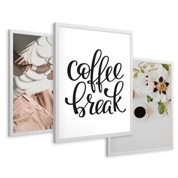 Zestaw obrazy w ramie 30x40 galeria - Coffee, break, kawa, napis - rama biała