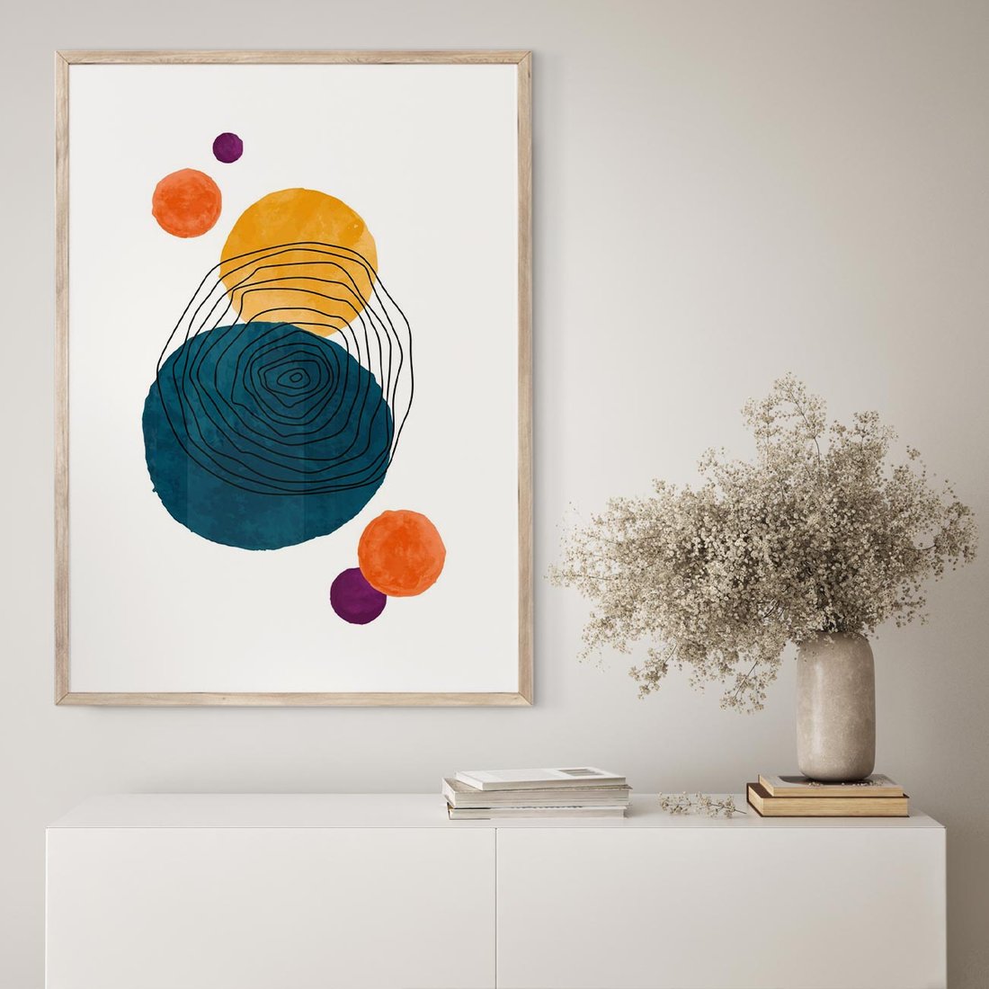 Plakat w ramie 30x40 - Kolorowe Plam z Czarnymi Liniami - kolorowe plamy, szkic - rama drewno