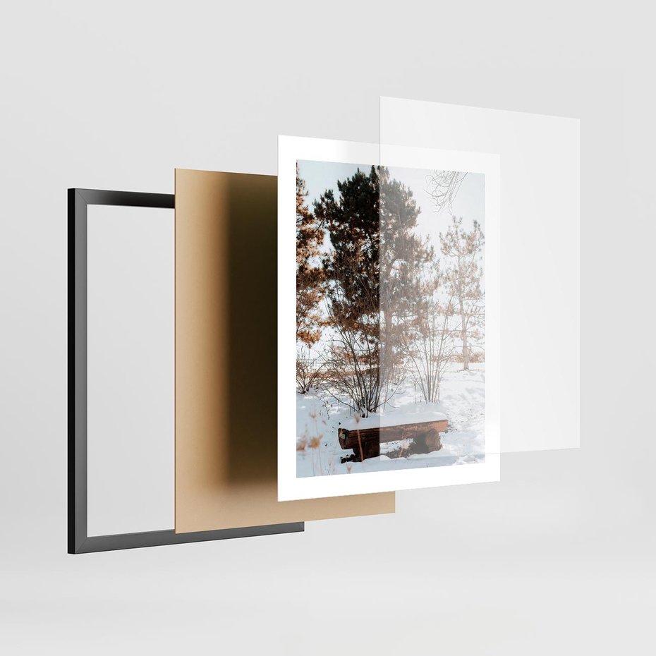 Plakat w ramie 40x50 - Ławka Pod Śniegiem - zimowy pejzaż, ławka pod śniegiem - rama czarna
