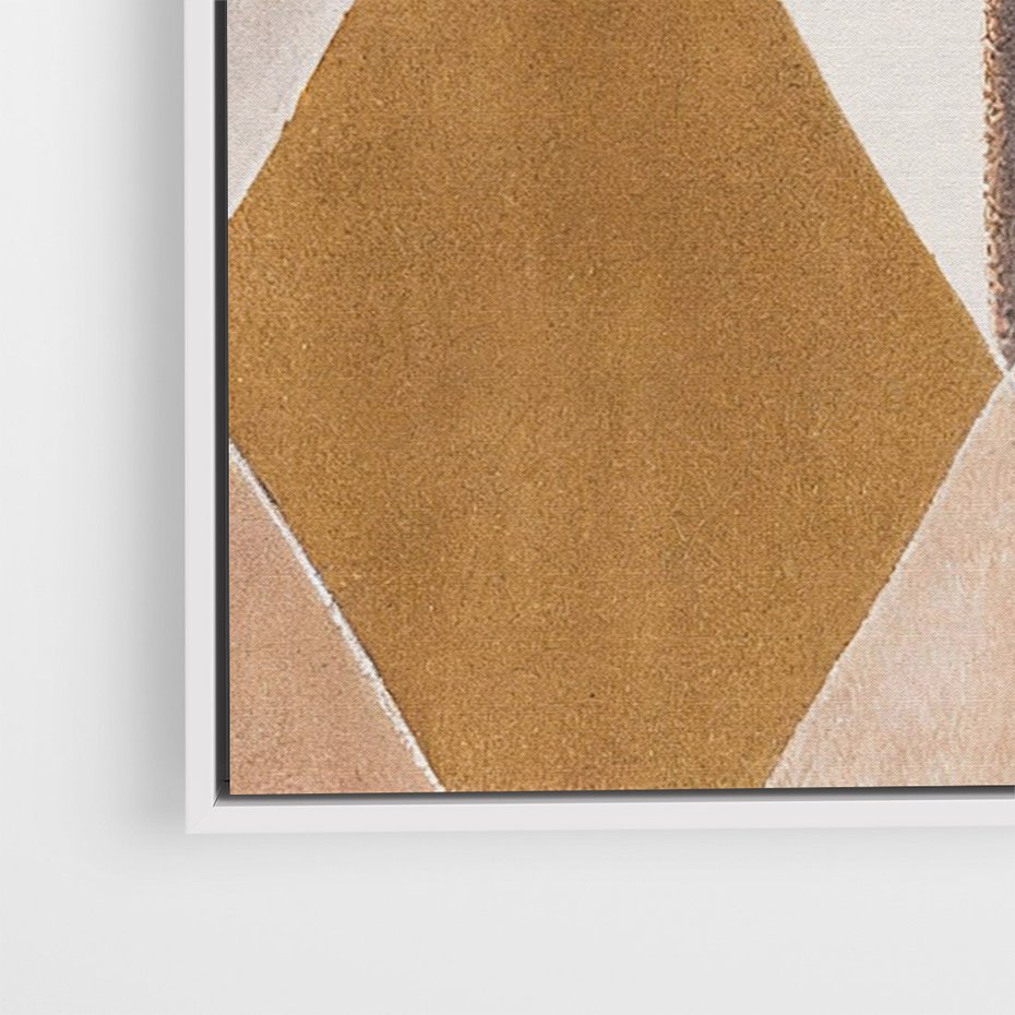 Obraz w ramie 80x120 - Odblaski niespełnionych marzeń - kompozycja z trójkątów, mix kolorów ziemi - rama biała