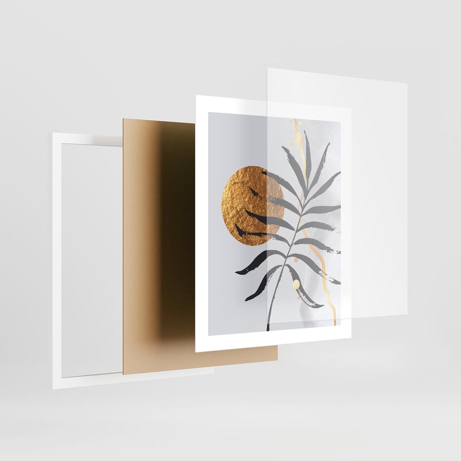 Plakat w ramie 40x50 - Grafika z Czarnym Liściem Palmy - czarny liść palmy, złóte kołó - rama biała