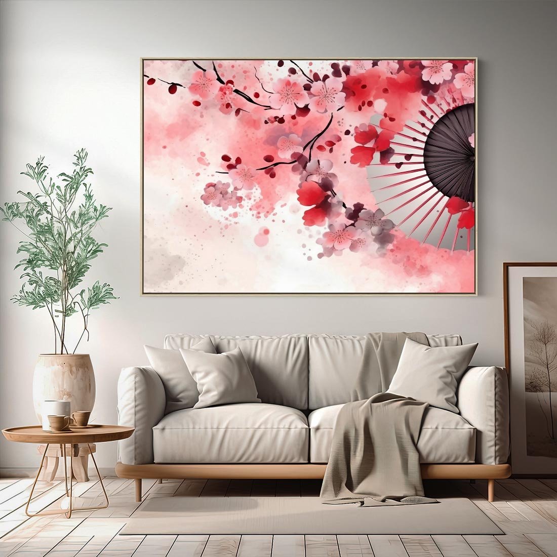 Obraz w ramie 70x50 - Szept Kwitnącej Wiśni - japoński parasol, liście - rama drewno