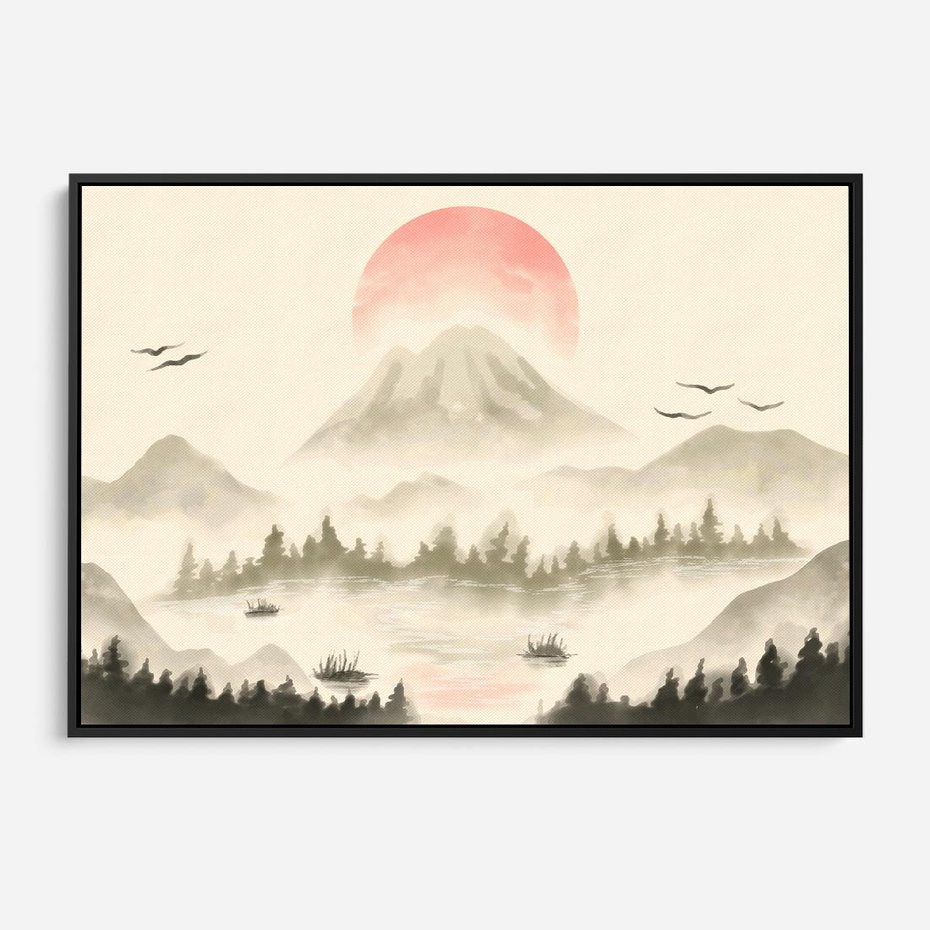 Obraz w ramie 100x70 - Przyroda Japonii - japońska akwarela, góry - rama czarna