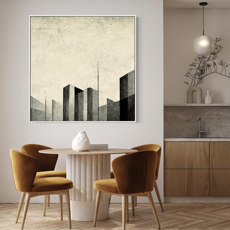 Obraz w ramie 80x80 - Mroczne Wieżowce - postarzana grafika, perspektywa budynków wieżowców - rama biała