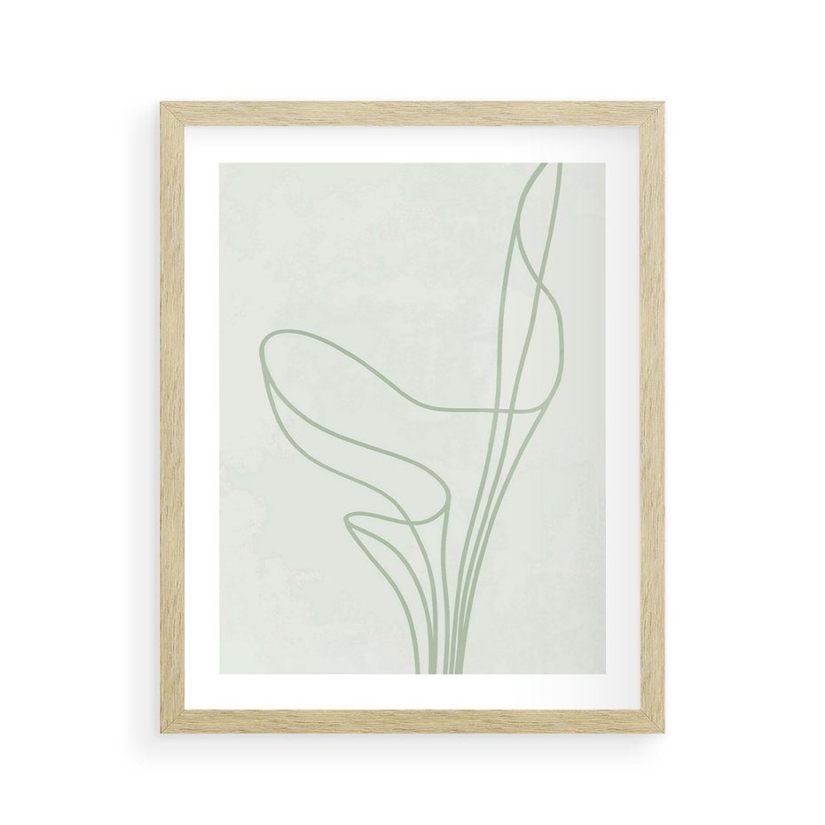 Plakat w ramie 40x50 - Zielona Równowaga Linii - abstrakcyjne delikatne zielone linie, nowoczesny plakat - rama drewno
