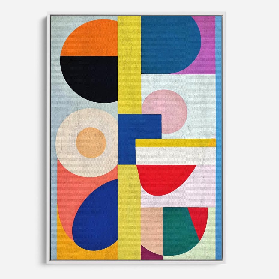 Obraz w ramie 70x100 - Harmonia Kolorowych Impulsów - abstrakcyjne geometryczne kształty, olejny obraz - rama biała