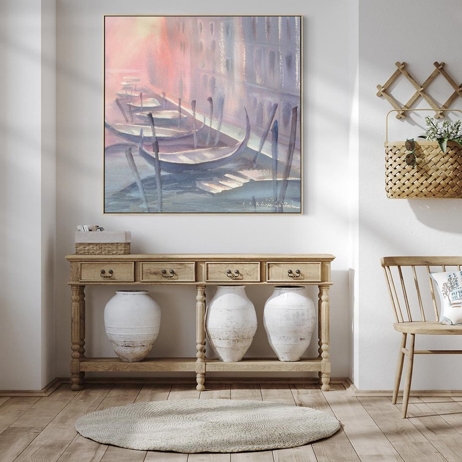 Obraz w ramie 50x50 - Romantyczne Zachody - akwarelowy rysunek, stonowane pastelowe kolory - rama drewno