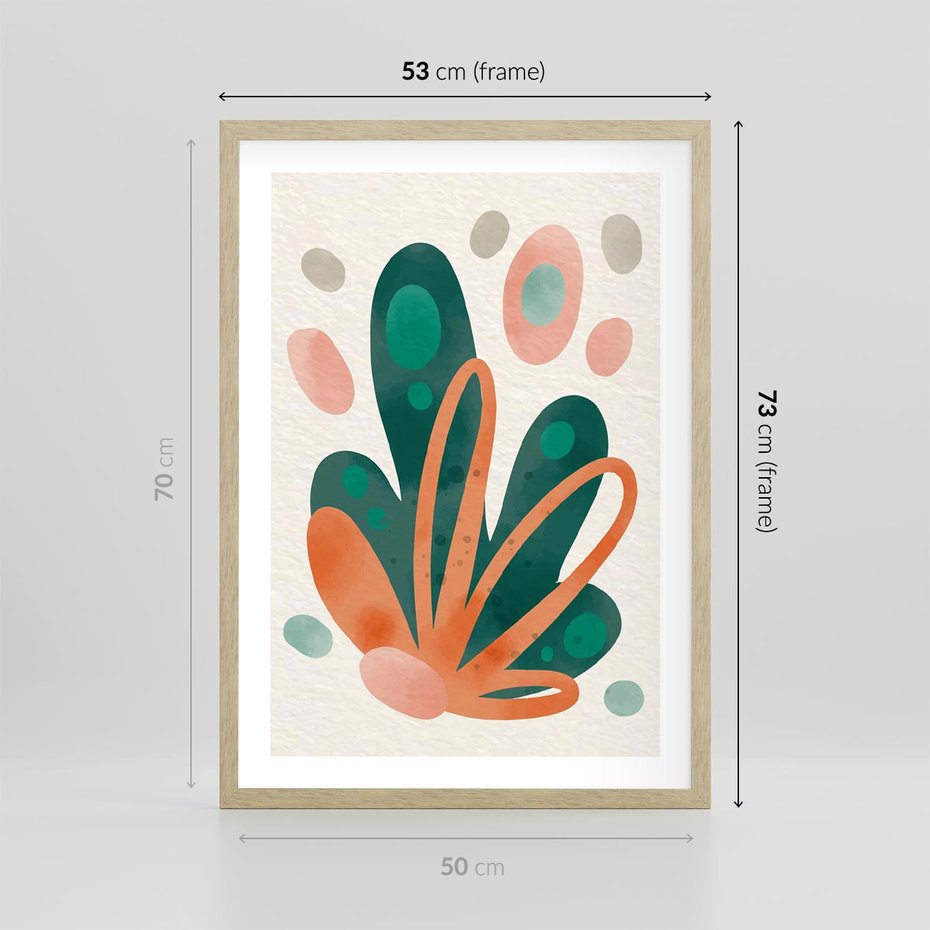 Plakat w ramie 50x70 - Harmonia bez Harmonii - akwarelowe abstrakcyjne kształty, zieleń i pomarańcz - rama drewno