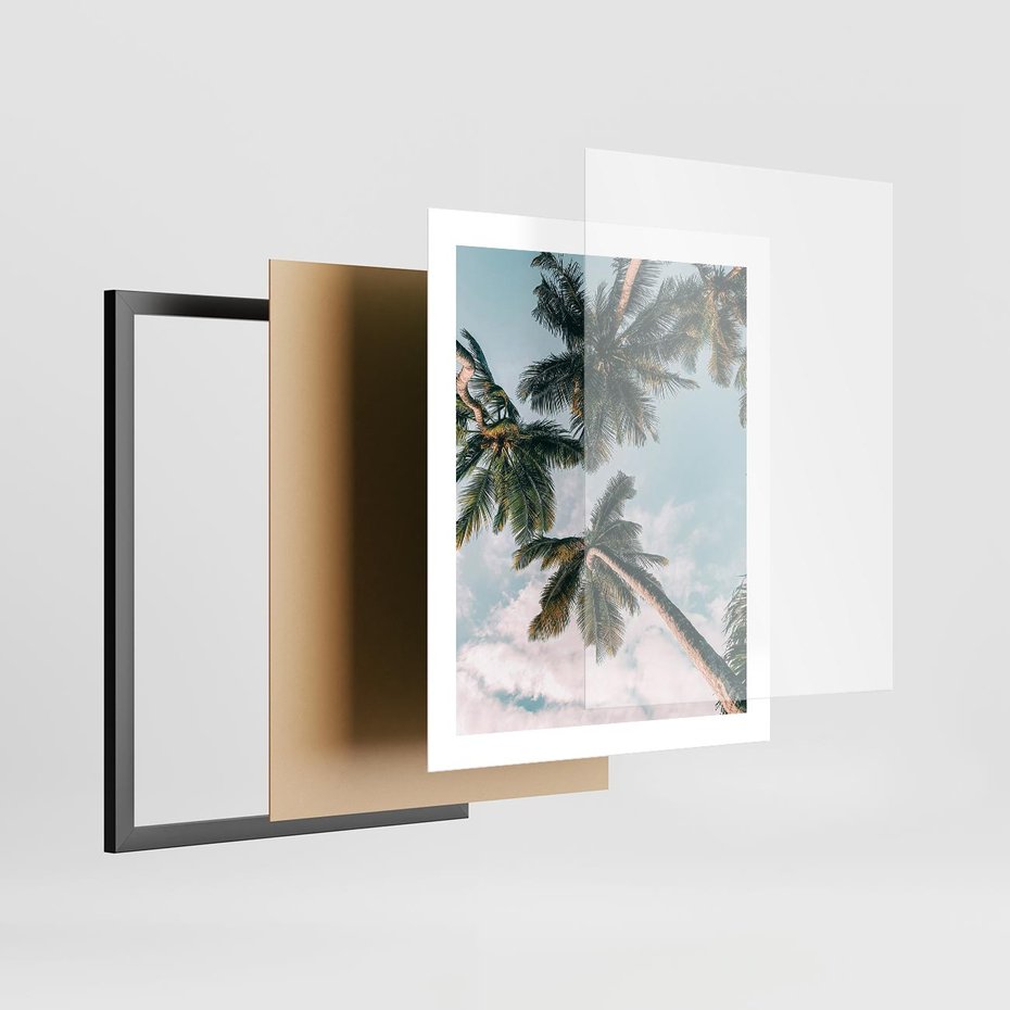 Plakat w ramie 40x50 - Wzrok ku Niebu - palmy na tle nieba, ujęcie z dołu - rama czarna