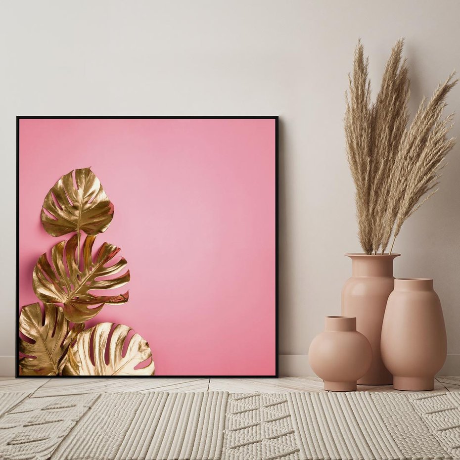 Obraz w ramie 50x50 - Luksusowa Elegancja - złote, liście - rama czarna