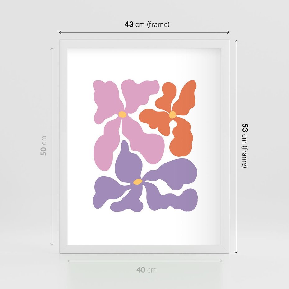 Plakat w ramie 40x50 - Bezgraniczne Wibracje - abstrakcyjne kolorowe kwiaty, minimlizm - rama biała