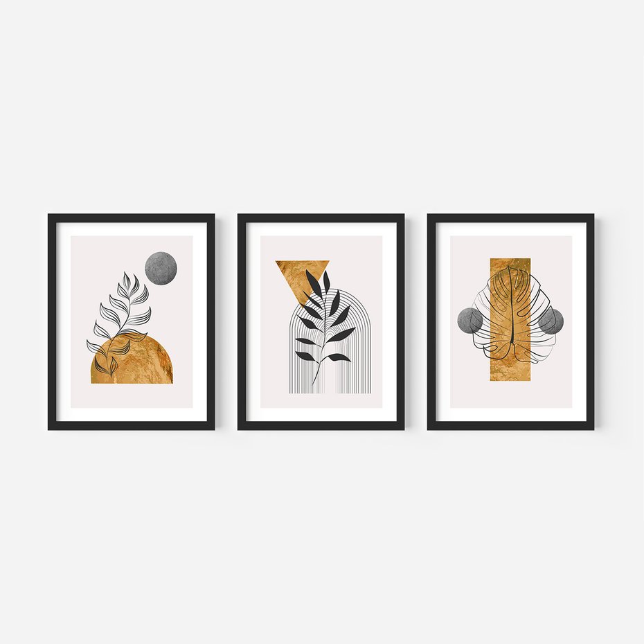 Zestaw obrazy w ramie 40x50 galeria - Złoto, liście, geometria - rama czarna