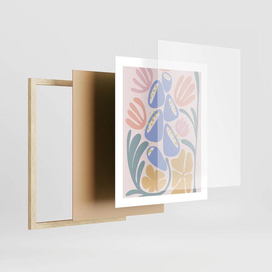 Plakat w ramie 40x50 - Minimalistycznie i Pastelowo - pastelowe kwiaty, na beżowym tle - rama drewno