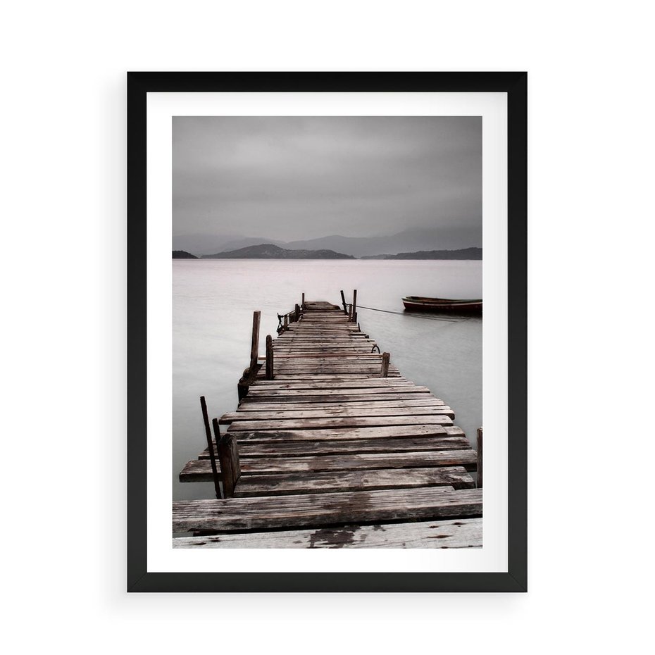 Plakat w ramie 50x70 - Spokój nad Jeziorem - pomost, jezioro - rama czarna