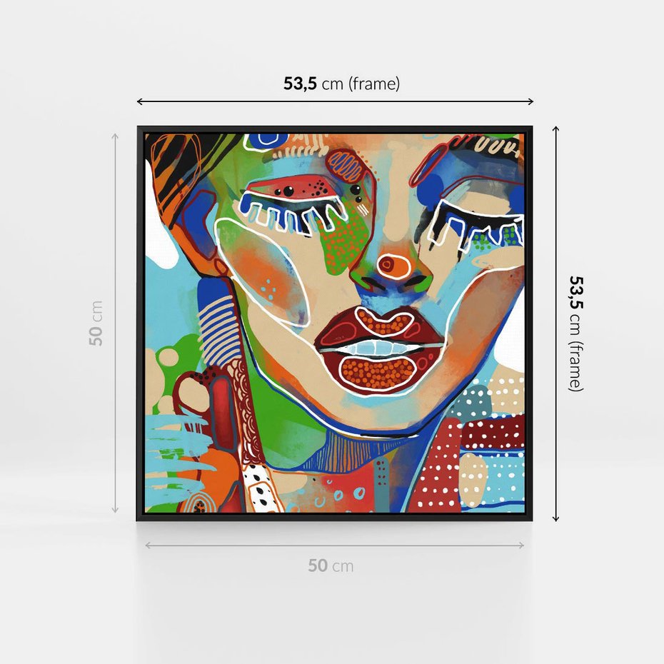 Obraz w ramie 50x50 - Kolorowe Formy - abstrakcyjny portret kobiety, twarz - rama czarna