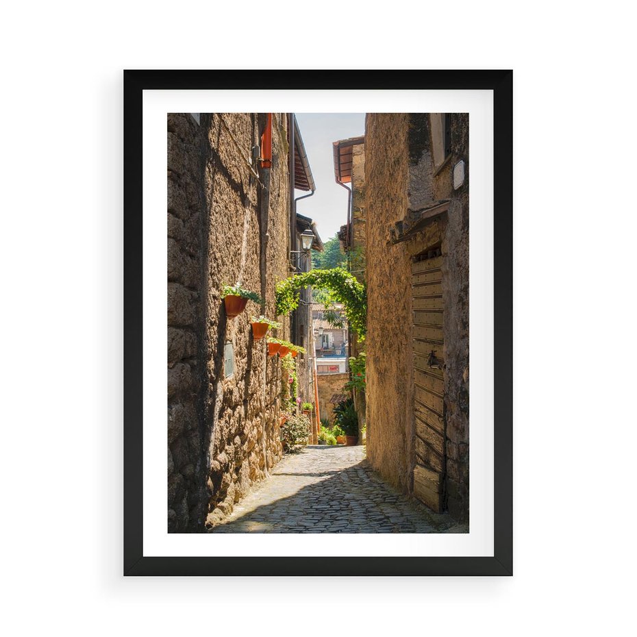 Plakat w ramie 50x70 - Włoska uliczka w perspektywie - Włochy, uliczka - rama czarna