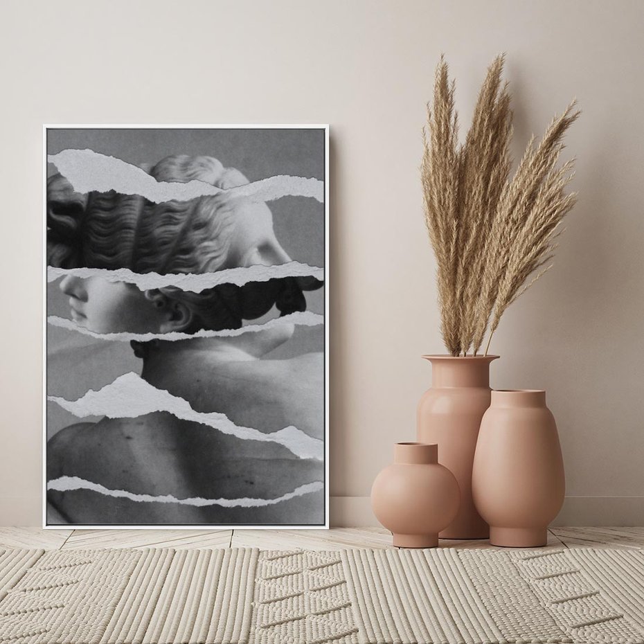 Obraz w ramie 70x100 - Kolaż z Antyczną Rzeźbą - antyczna rzeźba, kolaż ze zdjęć - rama biała