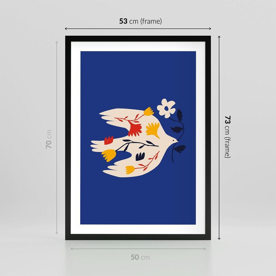 Plakat w ramie 50x70 - Bezczasowy Szept - niebieskie tło, abstrakcyjny biały ptak - rama czarna