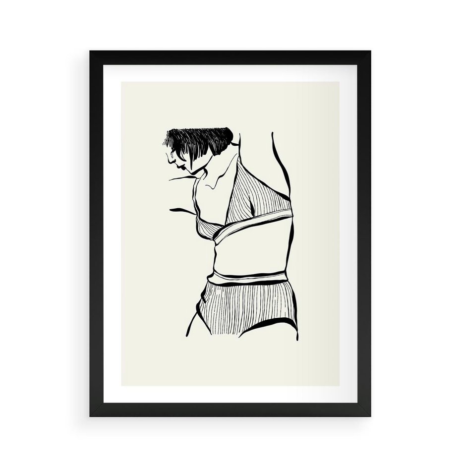 Plakat w ramie 50x70 - Minimalistyczny Urok - szkic, kobieta w bieliźnie - rama czarna