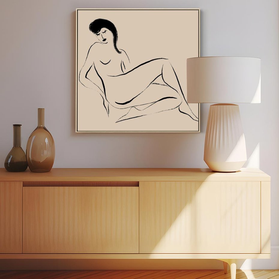 Obraz w ramie 80x80 - Piękno w Minimalizmie - abstrakcyjny rysunek, minimalistyczna kreska - rama drewno