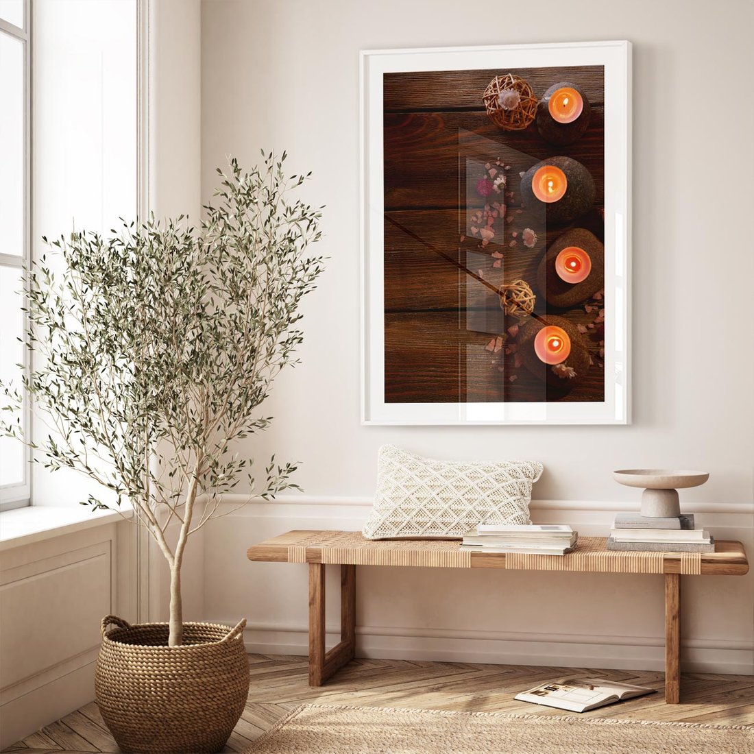 Plakat w ramie 30x40 - Relaksujące spa z pochodniami - spa, świece - rama biała