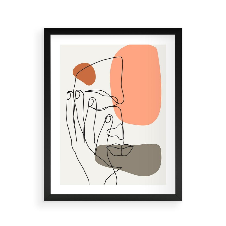 Plakat w ramie 40x50 - Ekspresja Kolorów: Szkic - one line szkic twarzy, kolorowe plamy - rama czarna