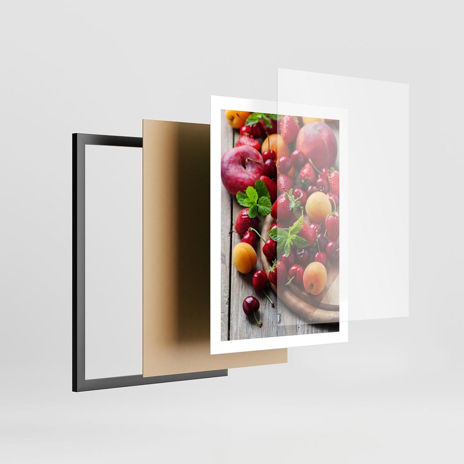 Plakat w ramie 50x70 - Owoce w restauracji artystycznie - owoce, restauracja - rama czarna