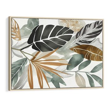 Obraz w ramie 100x70 - Współbrzmienie wewnętrznego ja - kompozycja z tropikalnych liści, stonowane kolory - rama drewno