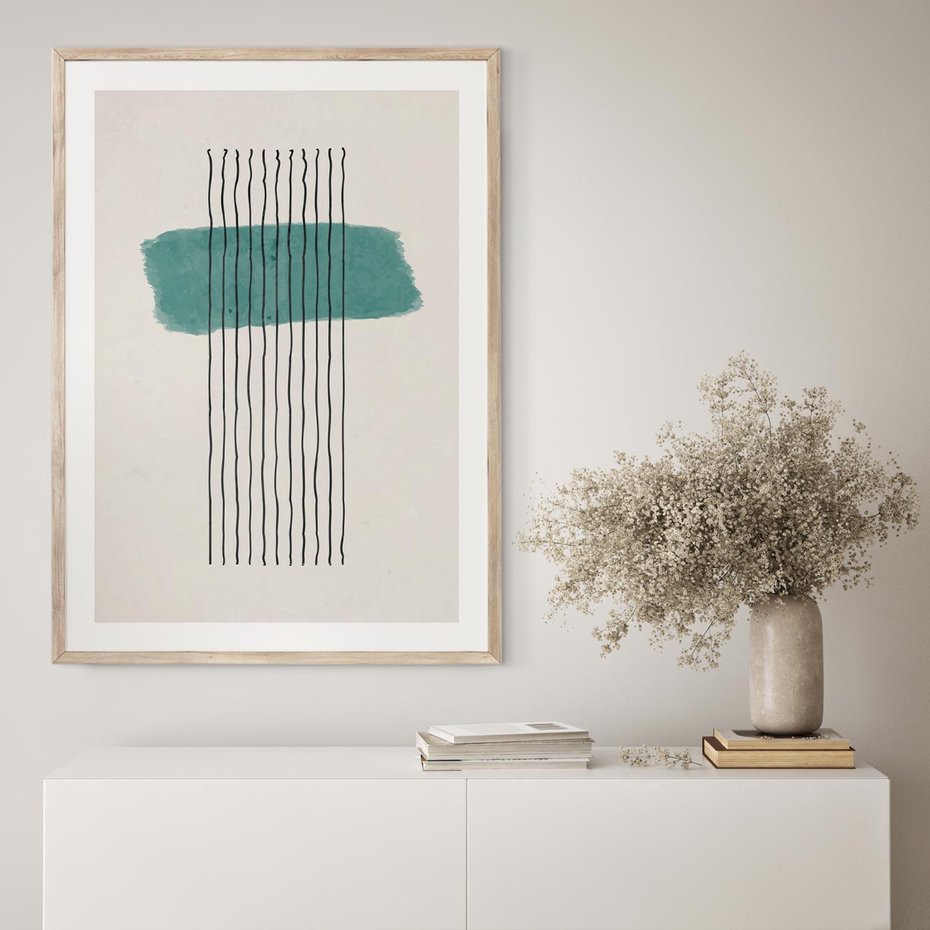 Plakat w ramie 30x40 - Bezczasowe Wspomnienia - abstrakcyjna akwarelowa plama, nieregularne kreski - rama drewno