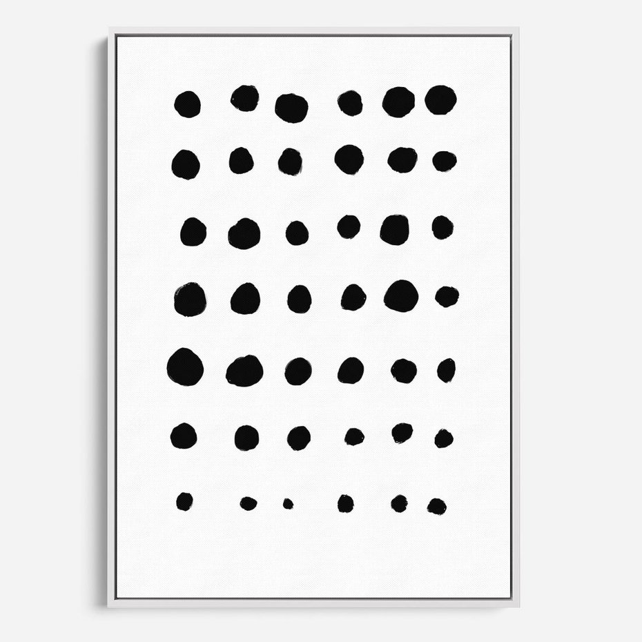 Obraz w ramie 80x120 - Refleksje Światła - minimalistyczna kompozycja, czarne kropkina białym tle - rama biała