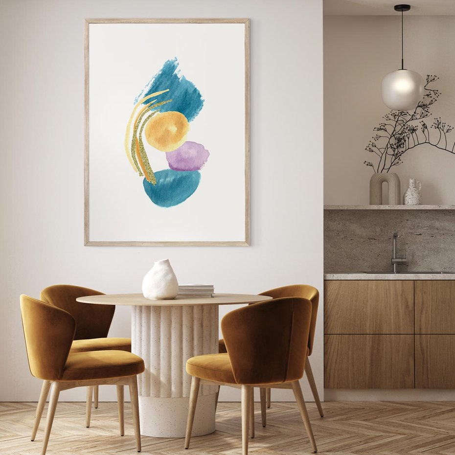 Plakat w ramie 40x50 - Migocące Barwy Akwarel - akwarelowe plamy w odcieniach błękitu, złote kreski - rama drewno