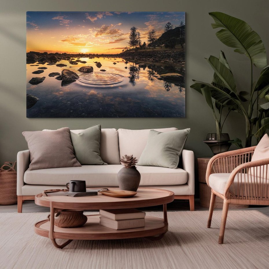Obraz na płótnie 100x70 - Zachód słońca nad jeziorem: Spokój i harmonia - zachód słońca,