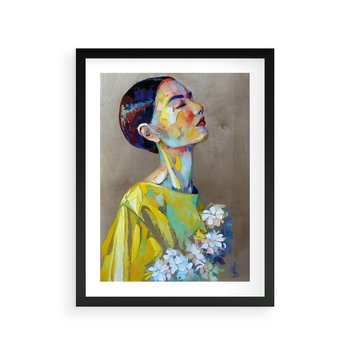 Plakat w ramie 30x40 - W Żółtej Sukience - olejny abstrakcyjny obraz, portret kobiety w żółtej sukience - rama czarna