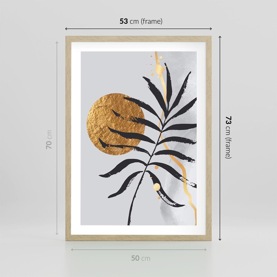 Plakat w ramie 50x70 - Grafika z Czarnym Liściem Palmy - czarny liść palmy, złóte kołó - rama drewno