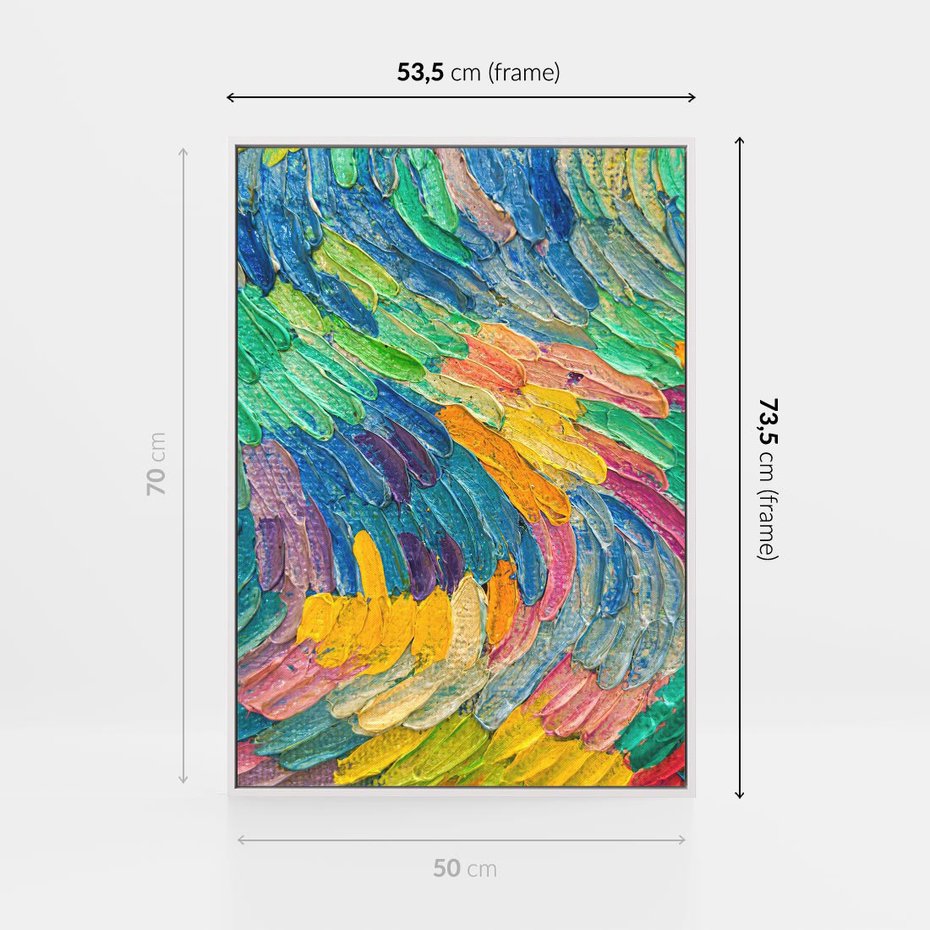 Obraz w ramie 50x70 - Egzotyczne Pióra - abstrakcyjne dzieło, farby olejne - rama biała