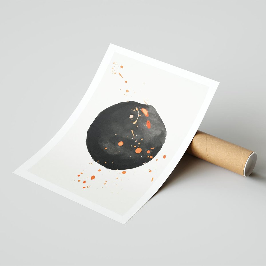 Plakat bez ramy 40x50 - Wnętrza Marzeń - abstrakcyjna czarna plama, rozsiane pomarańczowe kropki