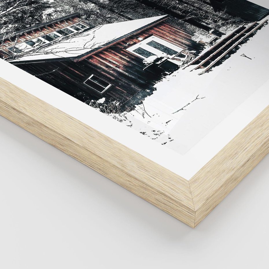 Plakat w ramie 50x70 - Zimowy Urok Drewnianego Domku - zima, drewniany domek - rama drewno