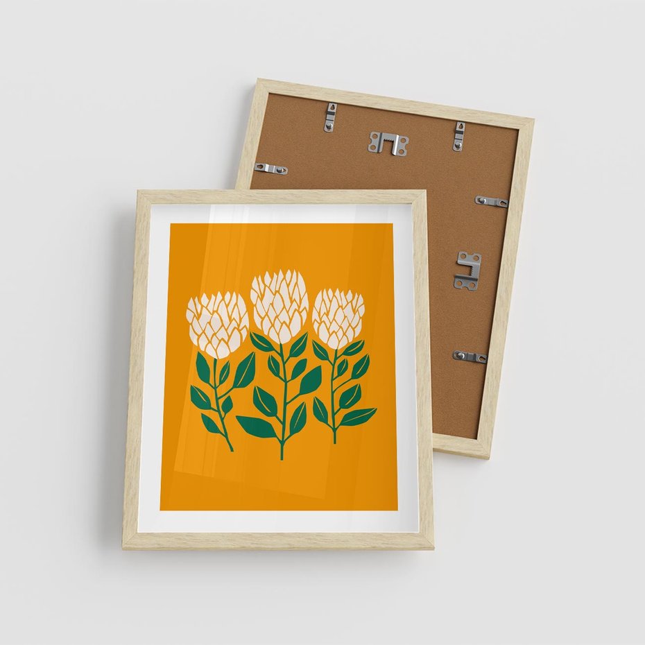 Plakat w ramie 40x50 - Kolorowe Impresje - abstrakcyjna kwiatowa kompozycja, żółte mocne tło - rama drewno