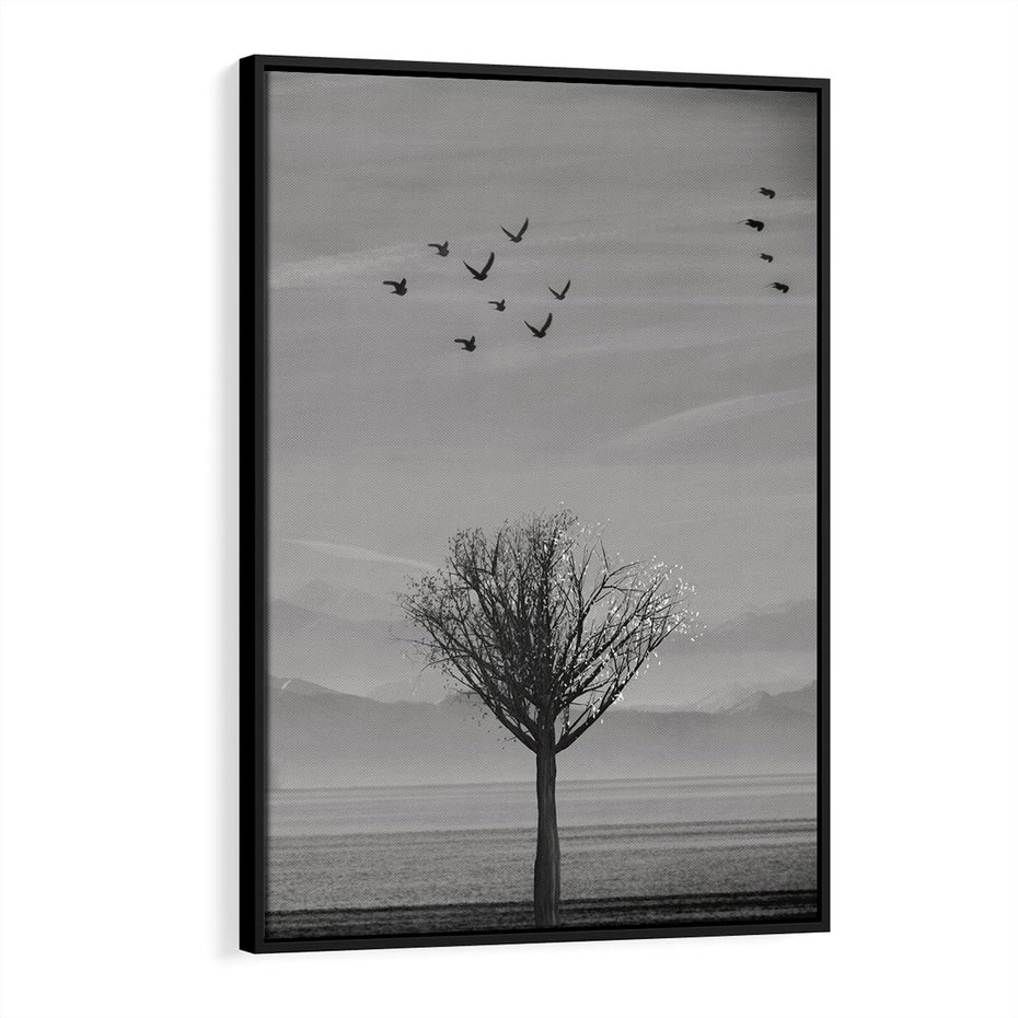 Obraz w ramie 70x100 - Samotne Drzewo - samotne drzewo w polu, czarno białe zdjęcie - rama czarna