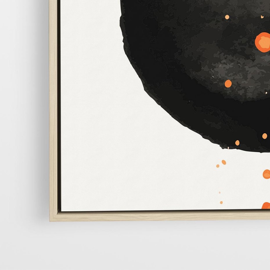 Obraz w ramie 50x50 - Wnętrza Marzeń - abstrakcyjna czarna plama, rozsiane pomarańczowe kropki - rama drewno