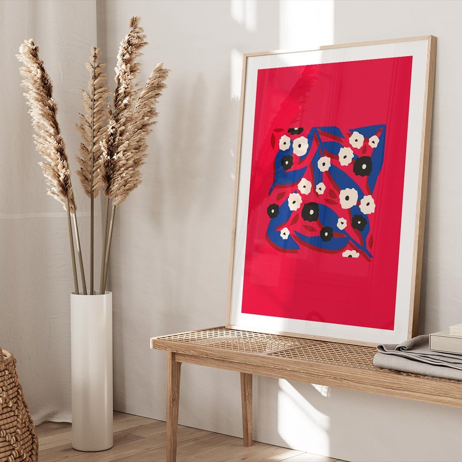 Plakat w ramie 30x40 - Kolorowe Przenikanie - abstrakcyjna kwiatowa kompozycja, czerwone mocne tło - rama drewno