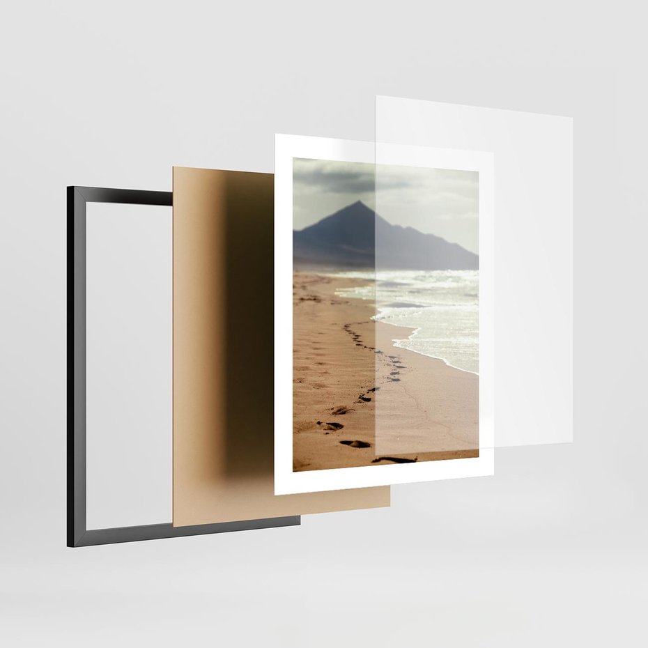 Plakat w ramie 40x50 - Ślady stóp na plaży - plaża, ślady - rama czarna