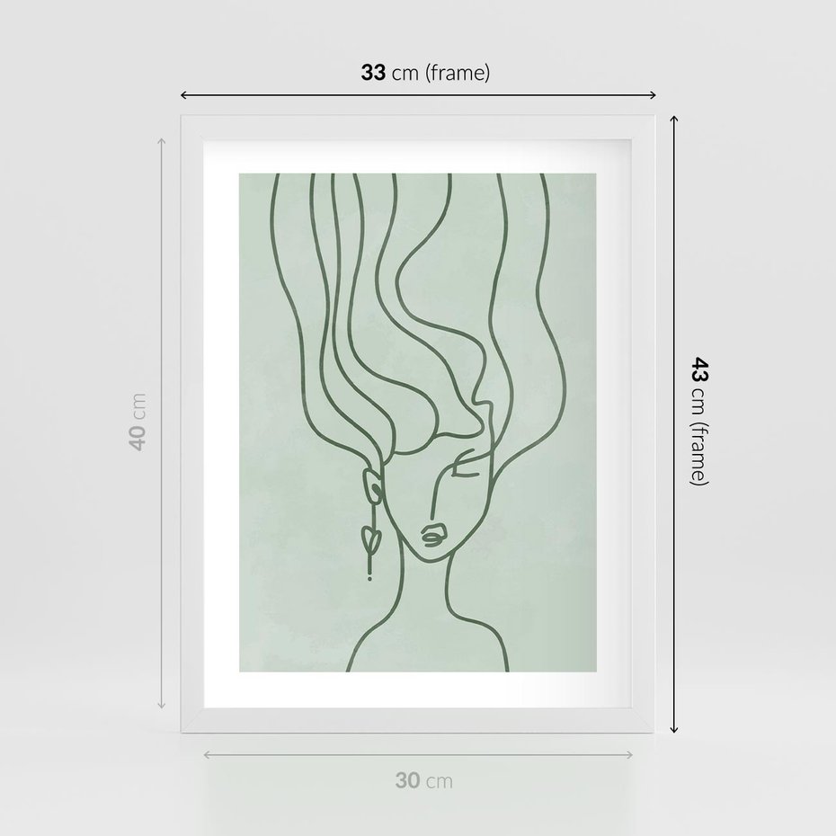 Plakat w ramie 30x40 - Spokojne Objęcia Natury - abstrakcja, zielony szkic - rama biała