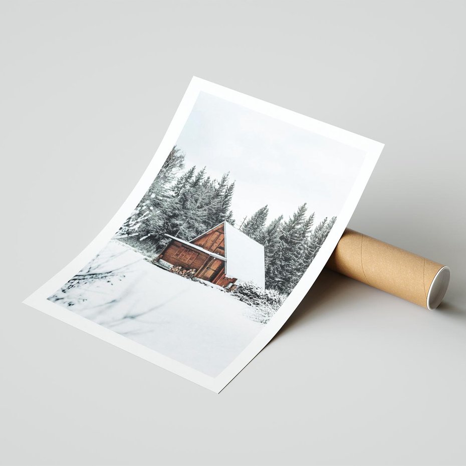 Plakat bez ramy 30x40 - Ujęcie zimy w Górach - domek w górach w zimie, śnieg