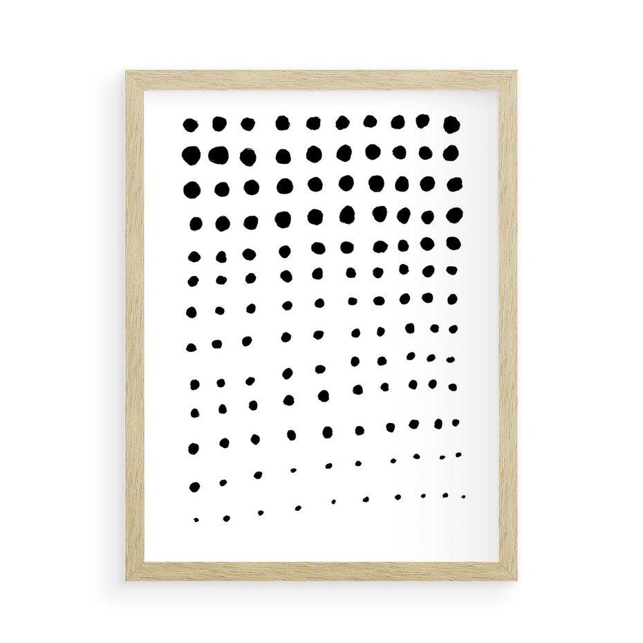 Plakat w ramie 50x70 - Abstrakcyjna Transformacja - abstrakcyjna kompozycja z czarnych kropek, minimalistyczny czarno bialy plakat - rama drewno